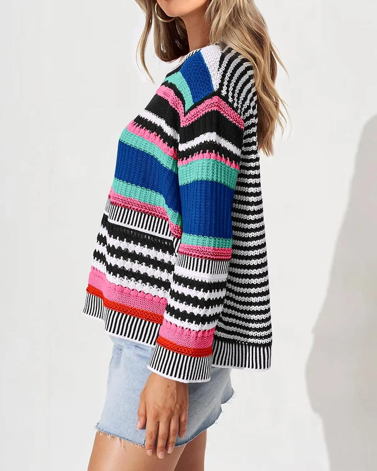 KIRUNDO Women's 2025 Fall Winter Striped Color Block Short Sweater Long Sleeve Crew Neck Casual Loose Knit Pullover Tops