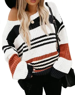 KIRUNDO Women's 2025 Fall Winter Striped Color Block Short Sweater Long Sleeve Crew Neck Casual Loose Knit Pullover Tops