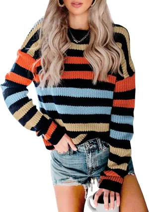 KIRUNDO Women's 2025 Fall Winter Striped Color Block Short Sweater Long Sleeve Crew Neck Casual Loose Knit Pullover Tops
