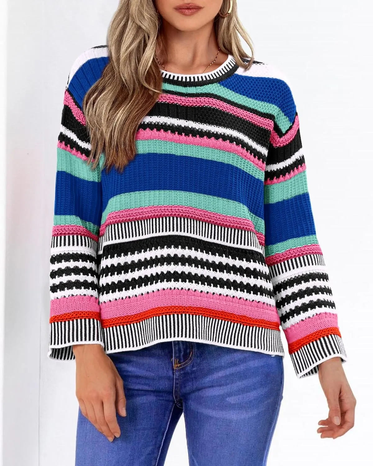 KIRUNDO Women's 2025 Fall Winter Striped Color Block Short Sweater Long Sleeve Crew Neck Casual Loose Knit Pullover Tops