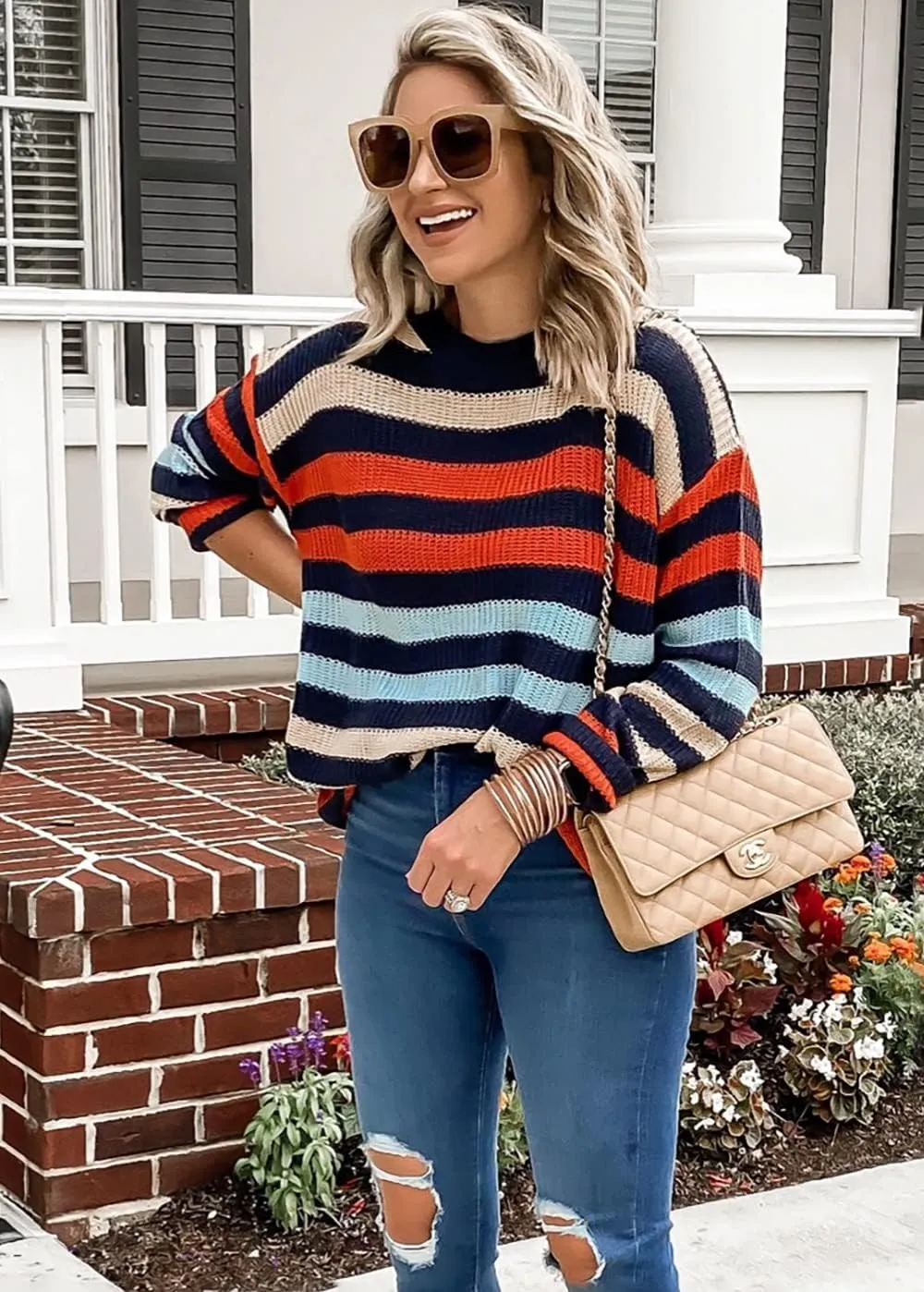 KIRUNDO Women's 2025 Fall Winter Striped Color Block Short Sweater Long Sleeve Crew Neck Casual Loose Knit Pullover Tops