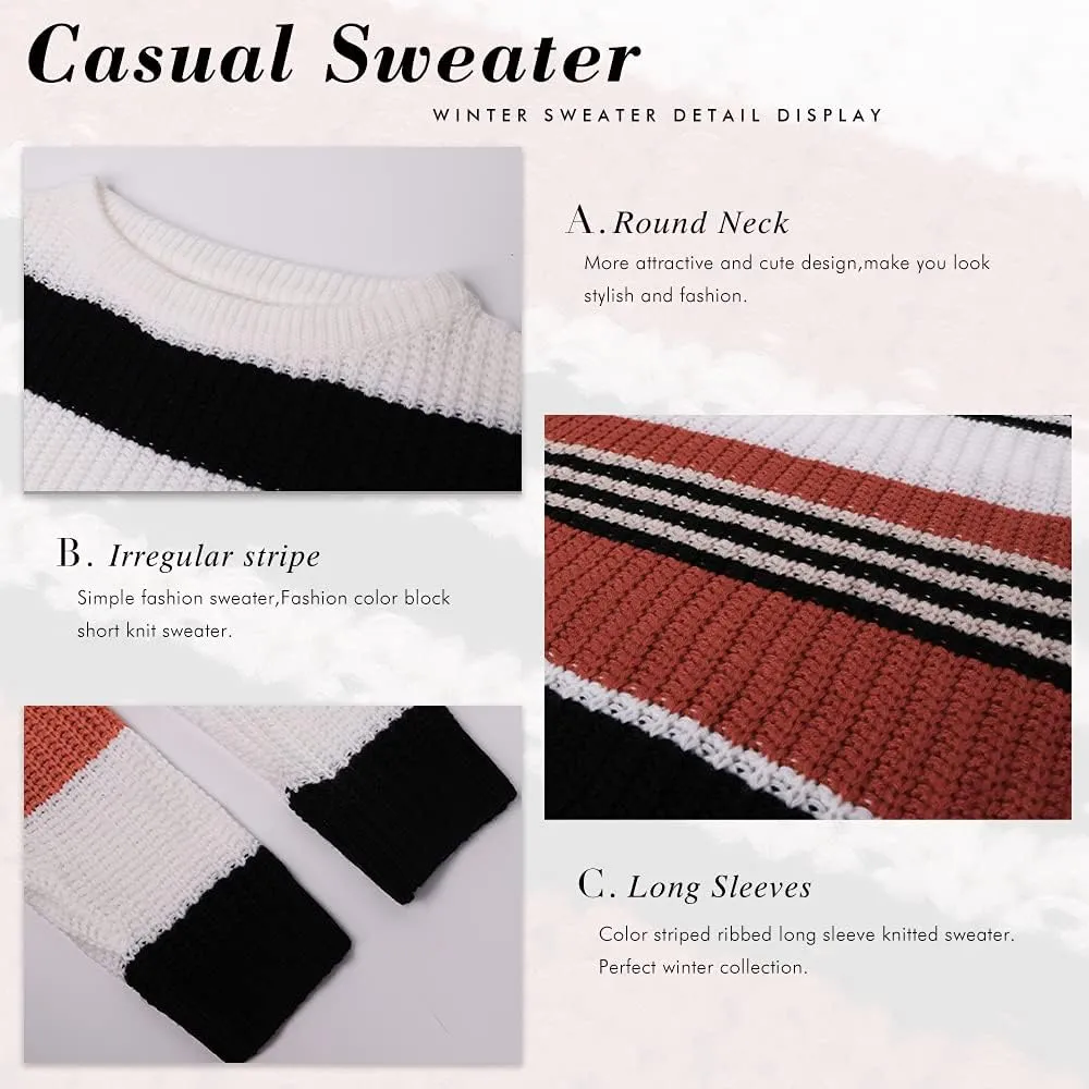 KIRUNDO Women's 2025 Fall Winter Striped Color Block Short Sweater Long Sleeve Crew Neck Casual Loose Knit Pullover Tops
