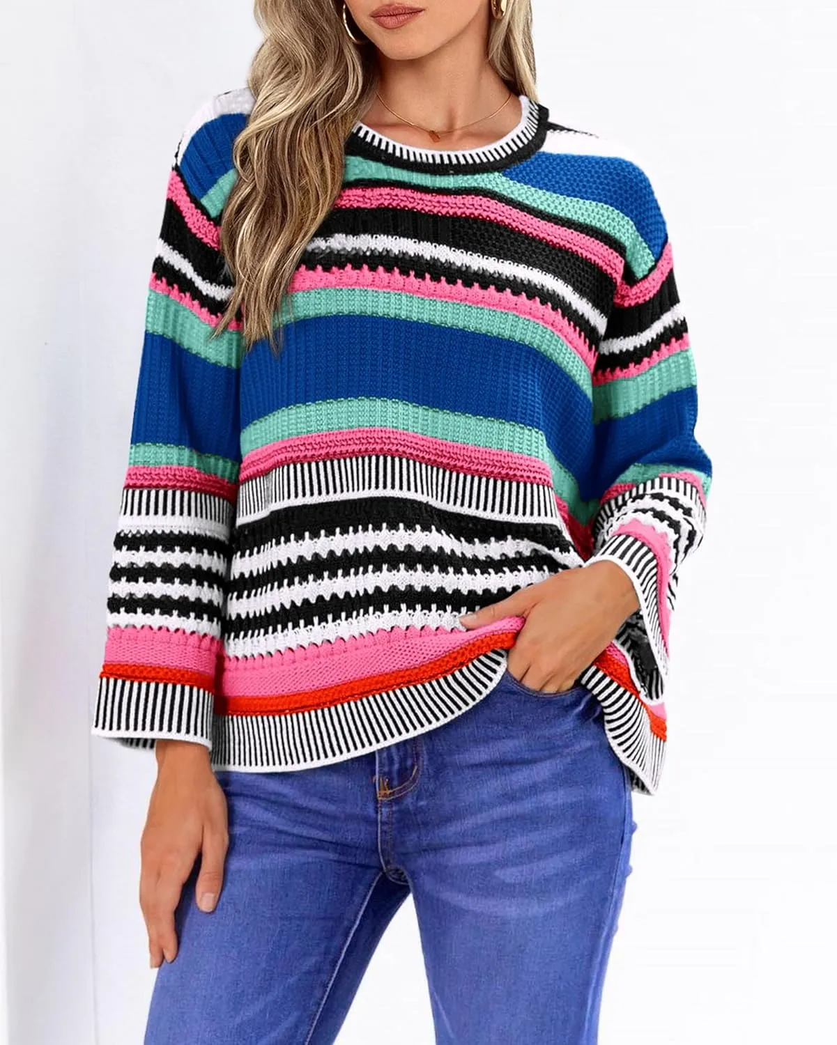 KIRUNDO Women's 2025 Fall Winter Striped Color Block Short Sweater Long Sleeve Crew Neck Casual Loose Knit Pullover Tops