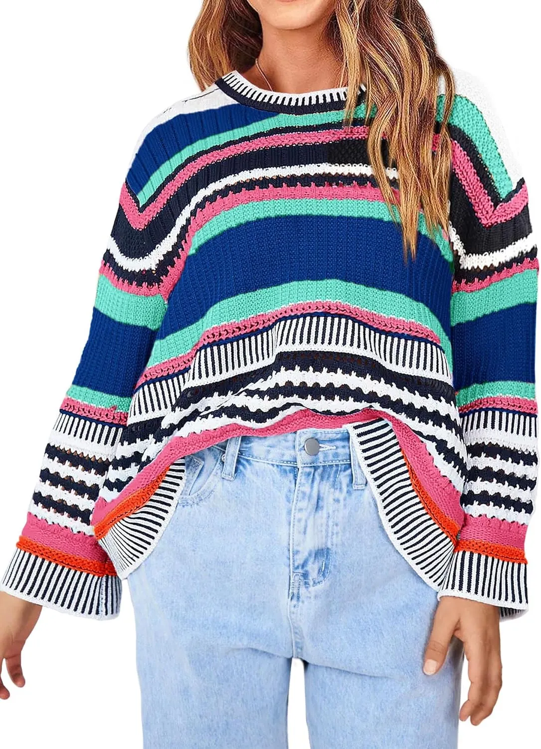 KIRUNDO Women's 2025 Fall Winter Striped Color Block Short Sweater Long Sleeve Crew Neck Casual Loose Knit Pullover Tops