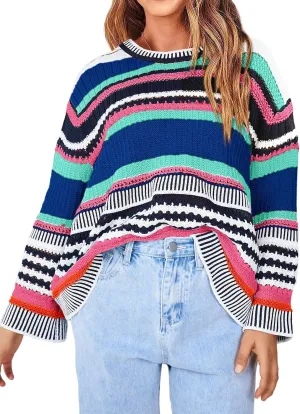 KIRUNDO Women's 2025 Fall Winter Striped Color Block Short Sweater Long Sleeve Crew Neck Casual Loose Knit Pullover Tops