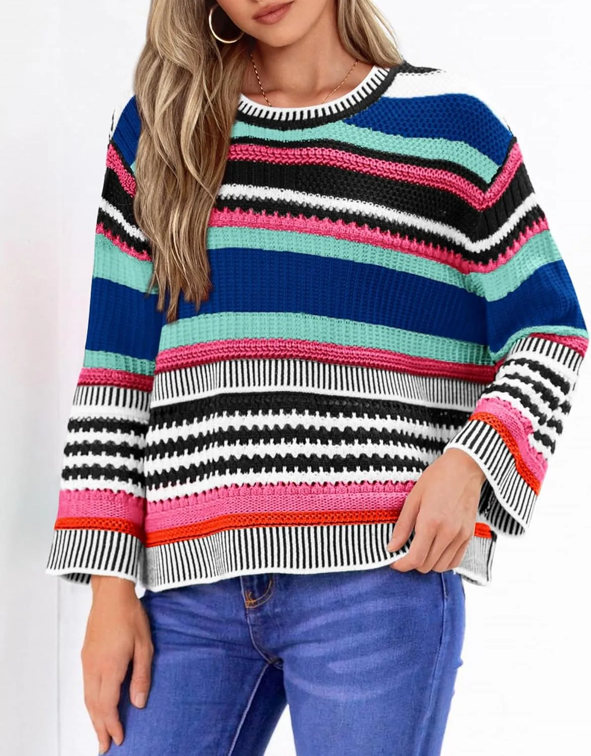 KIRUNDO Women's 2025 Fall Winter Striped Color Block Short Sweater Long Sleeve Crew Neck Casual Loose Knit Pullover Tops