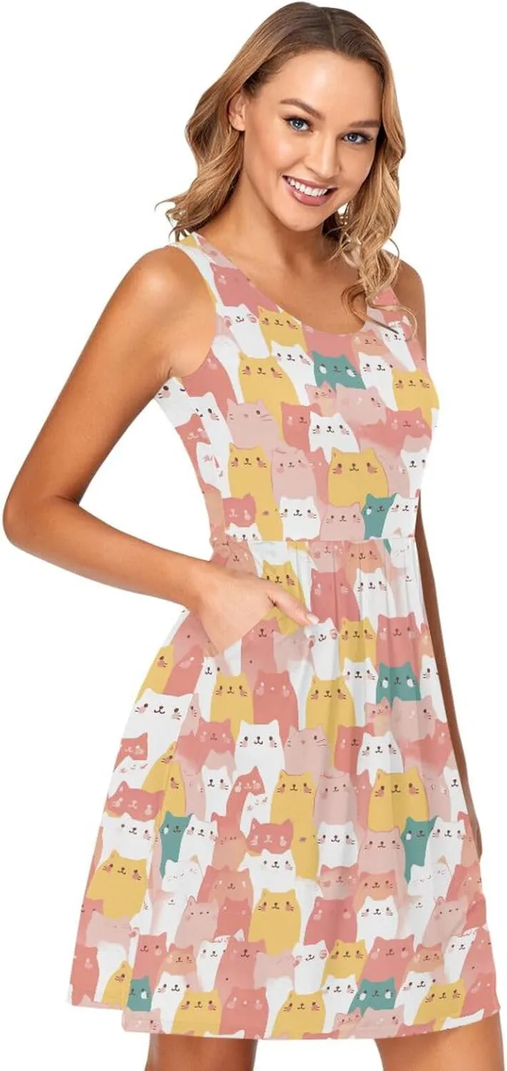 KLL Art Illustration Cats Women Dress Fashion A-Line Beach Mini Sundress Summer