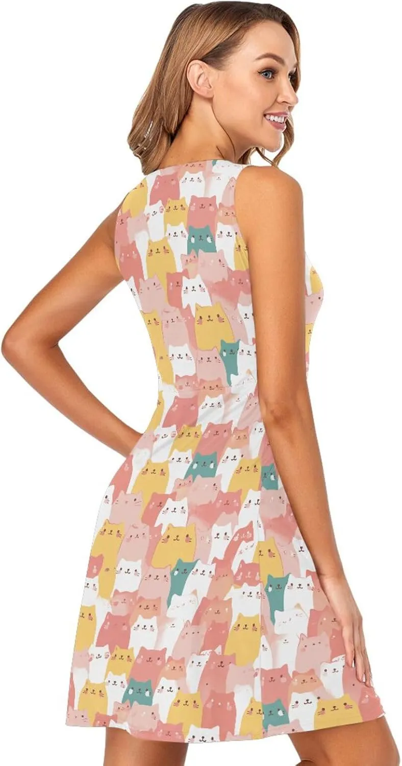 KLL Art Illustration Cats Women Dress Fashion A-Line Beach Mini Sundress Summer