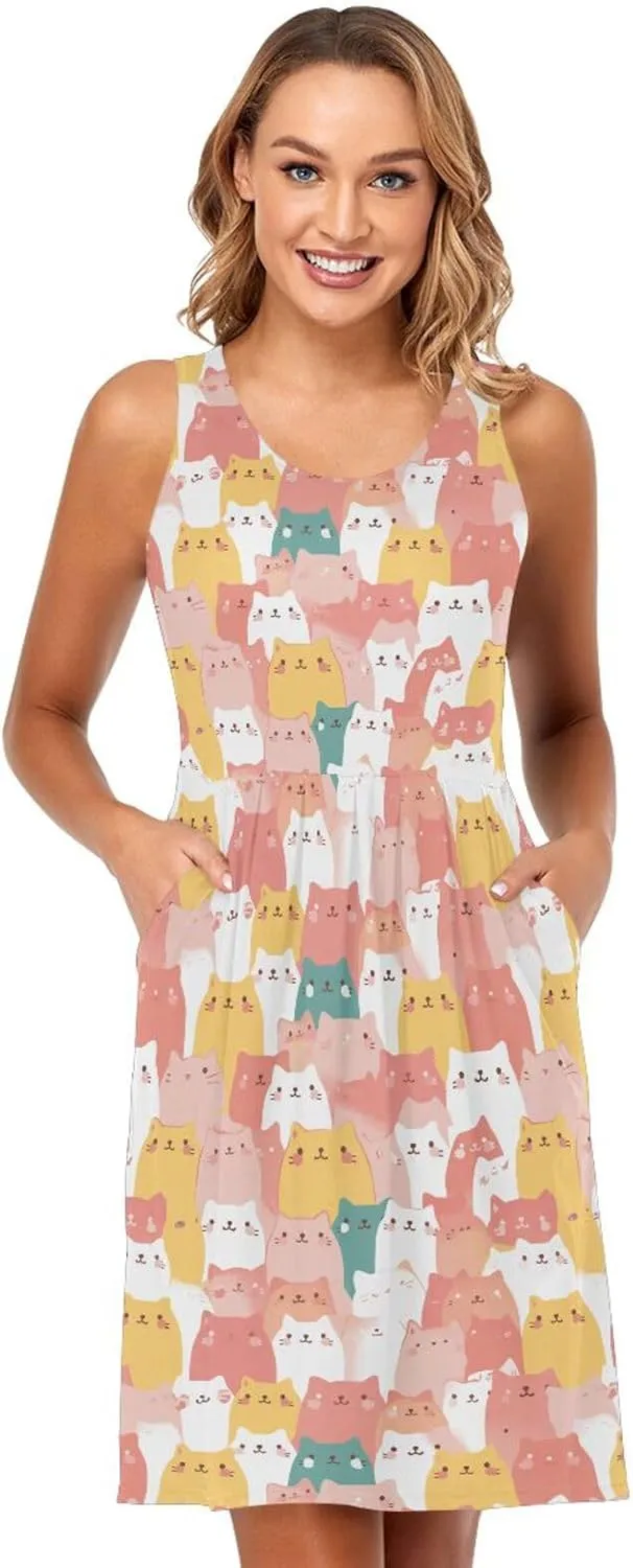 KLL Art Illustration Cats Women Dress Fashion A-Line Beach Mini Sundress Summer