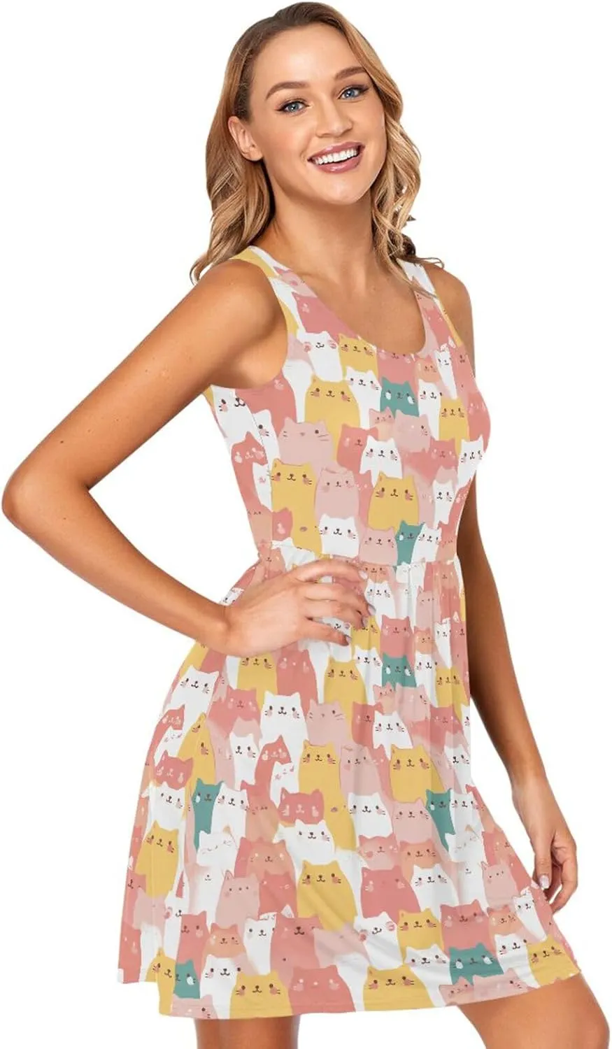 KLL Art Illustration Cats Women Dress Fashion A-Line Beach Mini Sundress Summer