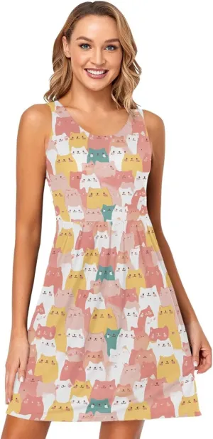 KLL Art Illustration Cats Women Dress Fashion A-Line Beach Mini Sundress Summer