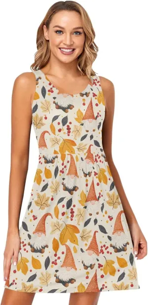 KLL Autumn Gnomes Yellow Leaves Berries Vintage Women Beach Dress Loose Sleeveless Holiday Sundress Summer
