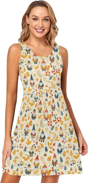 KLL Autumn Gnomes Yellow Leaves Berries Vintage Womens T Shirt Dress Loose Sleeveless Holiday Flowy Sundress Summer