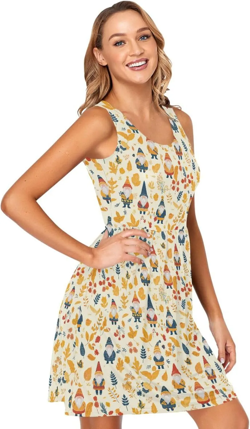 KLL Autumn Gnomes Yellow Leaves Berries Vintage Womens T Shirt Dress Loose Sleeveless Holiday Flowy Sundress Summer
