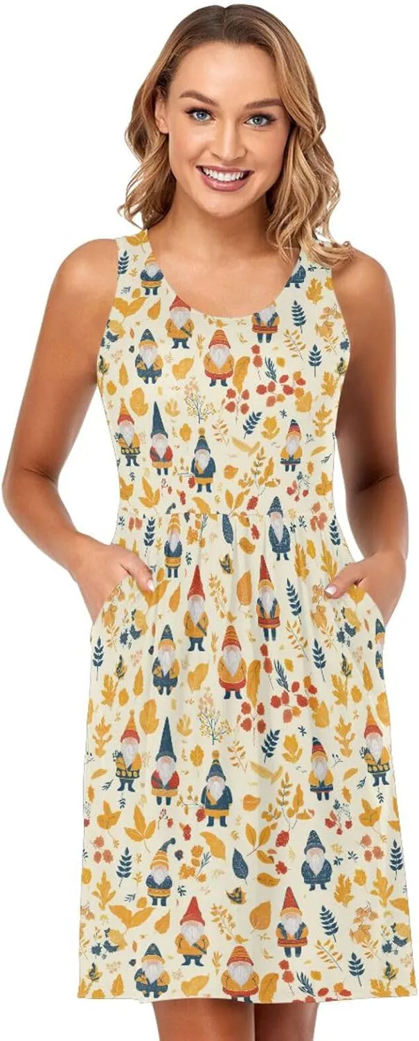 KLL Autumn Gnomes Yellow Leaves Berries Vintage Womens T Shirt Dress Loose Sleeveless Holiday Flowy Sundress Summer