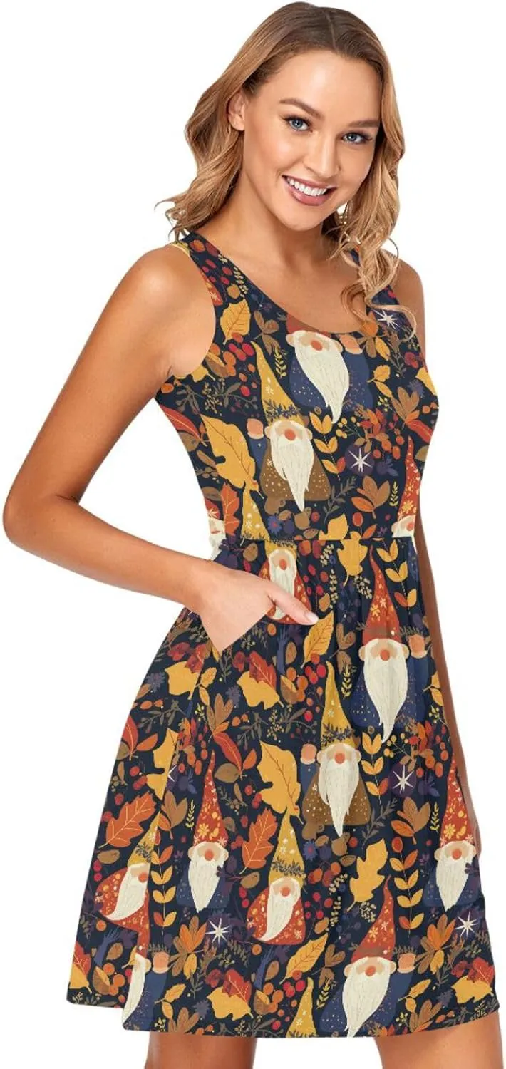 KLL Autumn Gnomes Yellow Leaves Berries Vintage Womens T-Shirt Dress Loose Sleeveless Party Sundress Crewneck