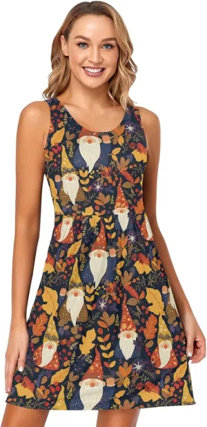 KLL Autumn Gnomes Yellow Leaves Berries Vintage Womens T-Shirt Dress Loose Sleeveless Party Sundress Crewneck