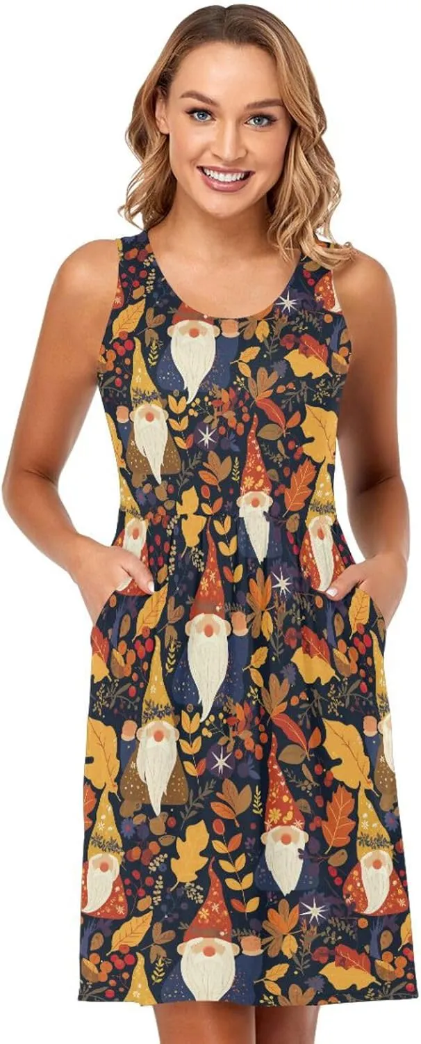 KLL Autumn Gnomes Yellow Leaves Berries Vintage Womens T-Shirt Dress Loose Sleeveless Party Sundress Crewneck