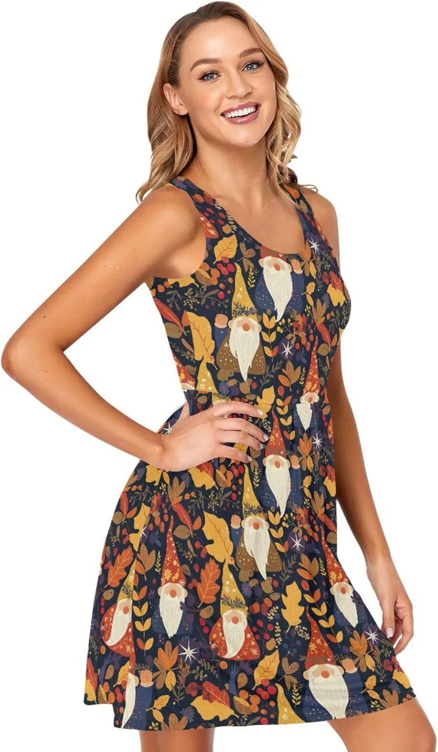 KLL Autumn Gnomes Yellow Leaves Berries Vintage Womens T-Shirt Dress Loose Sleeveless Party Sundress Crewneck