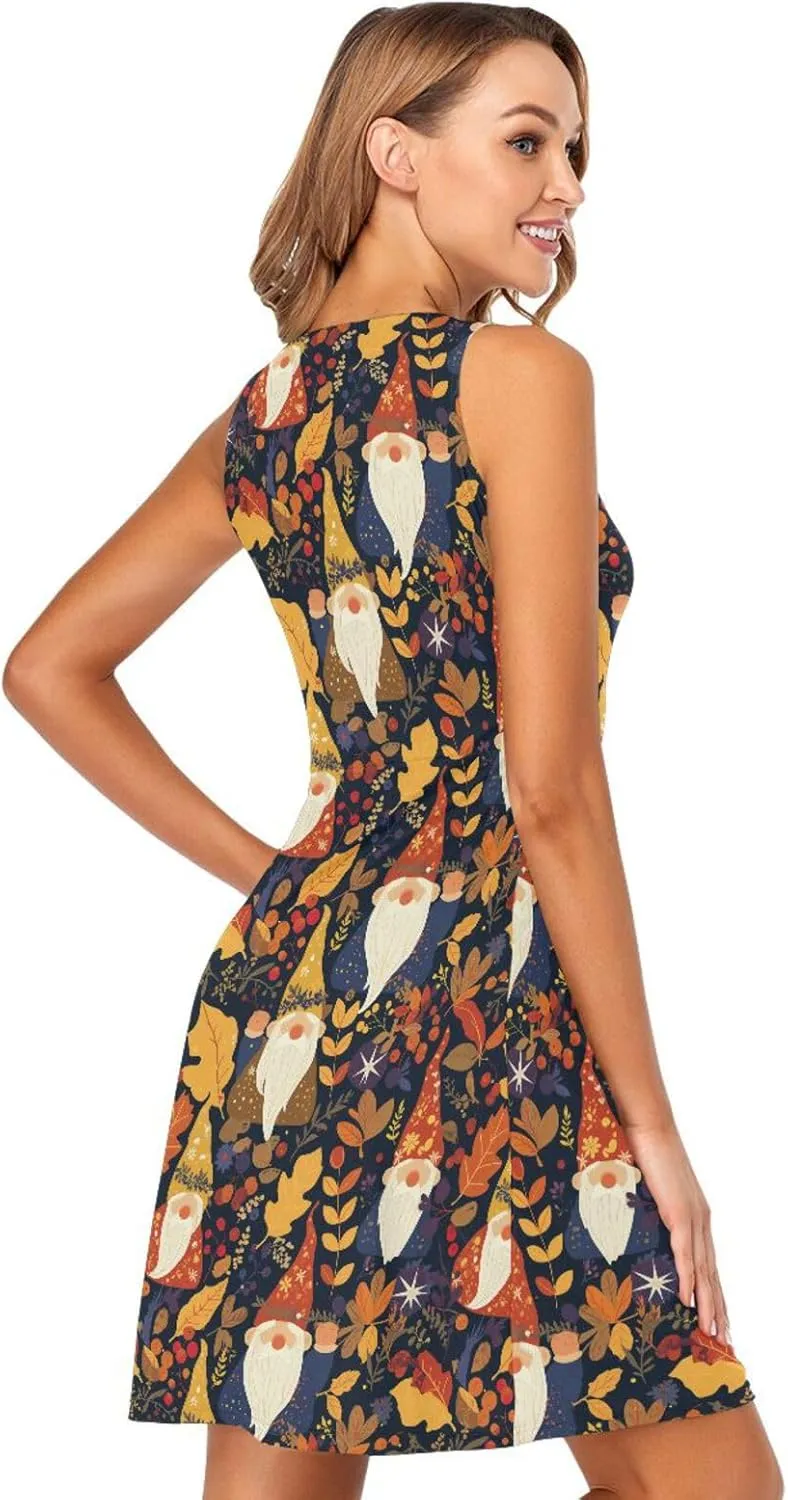 KLL Autumn Gnomes Yellow Leaves Berries Vintage Womens T-Shirt Dress Loose Sleeveless Party Sundress Crewneck