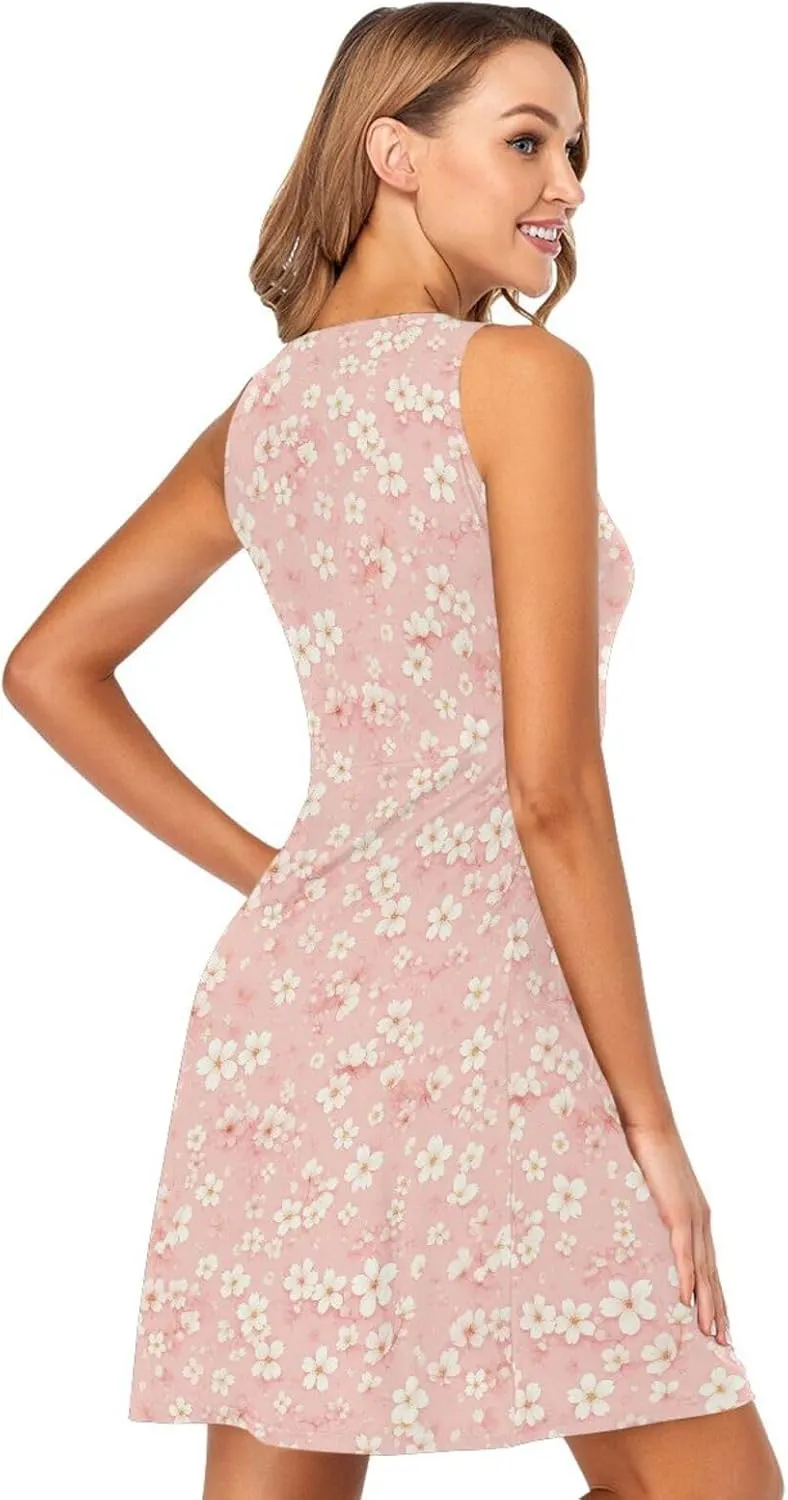 KLL Cherry Blossoms Womens Beach Dress Loose Sleeveless Beach Mini Sundress Summer