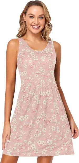 KLL Cherry Blossoms Womens Beach Dress Loose Sleeveless Beach Mini Sundress Summer