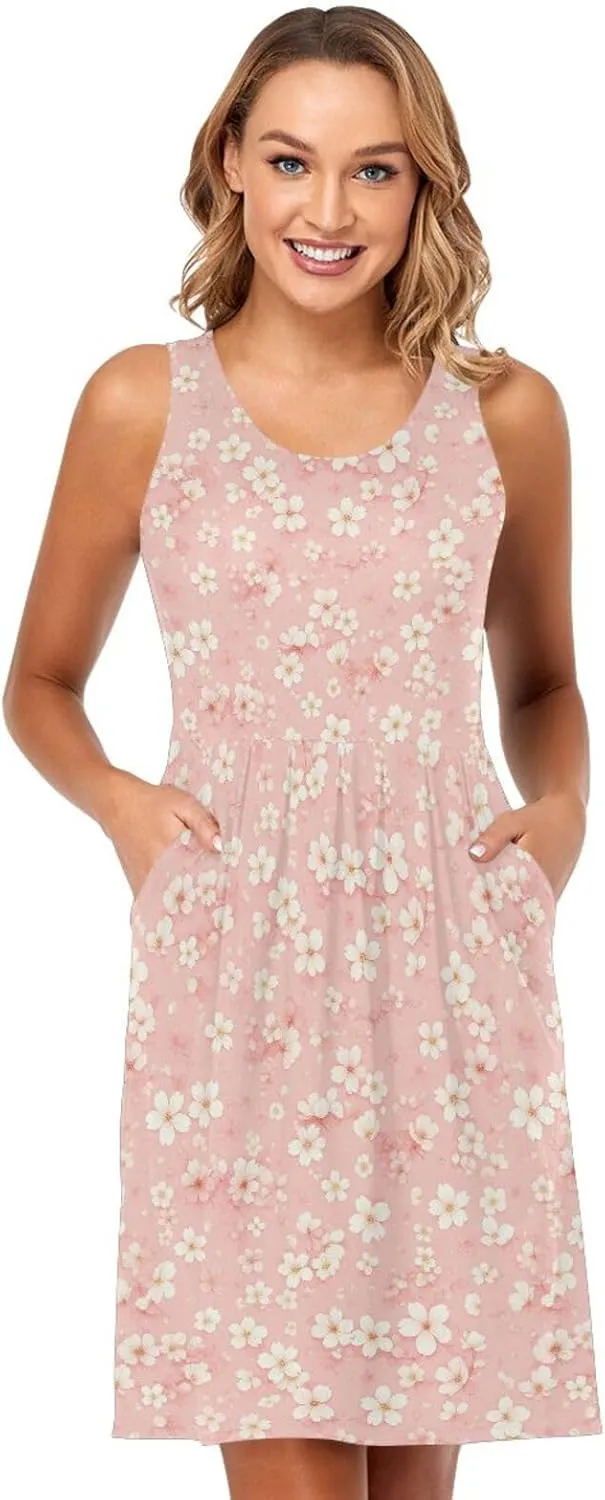 KLL Cherry Blossoms Womens Beach Dress Loose Sleeveless Beach Mini Sundress Summer