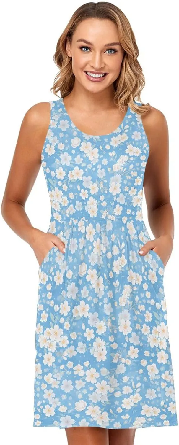 KLL Cherry Blossoms Women's Sun Dress Fashion A-Line Holiday Mini Sundress Summer