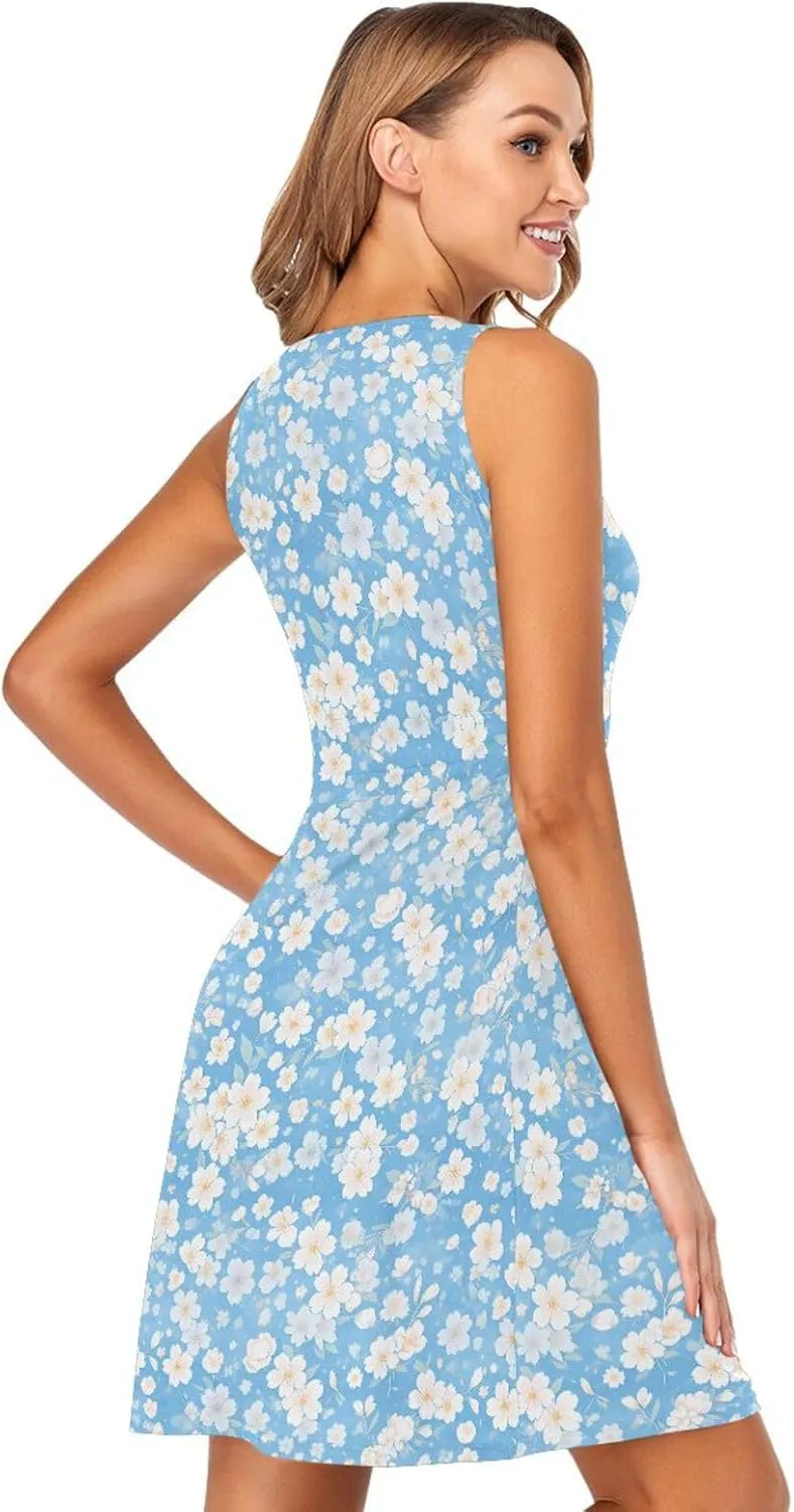 KLL Cherry Blossoms Women's Sun Dress Fashion A-Line Holiday Mini Sundress Summer