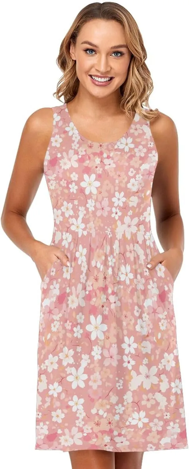 KLL Cherry Blossoms Women's Sun Dress Loose A-Line Beach Flowy Sundress Summer