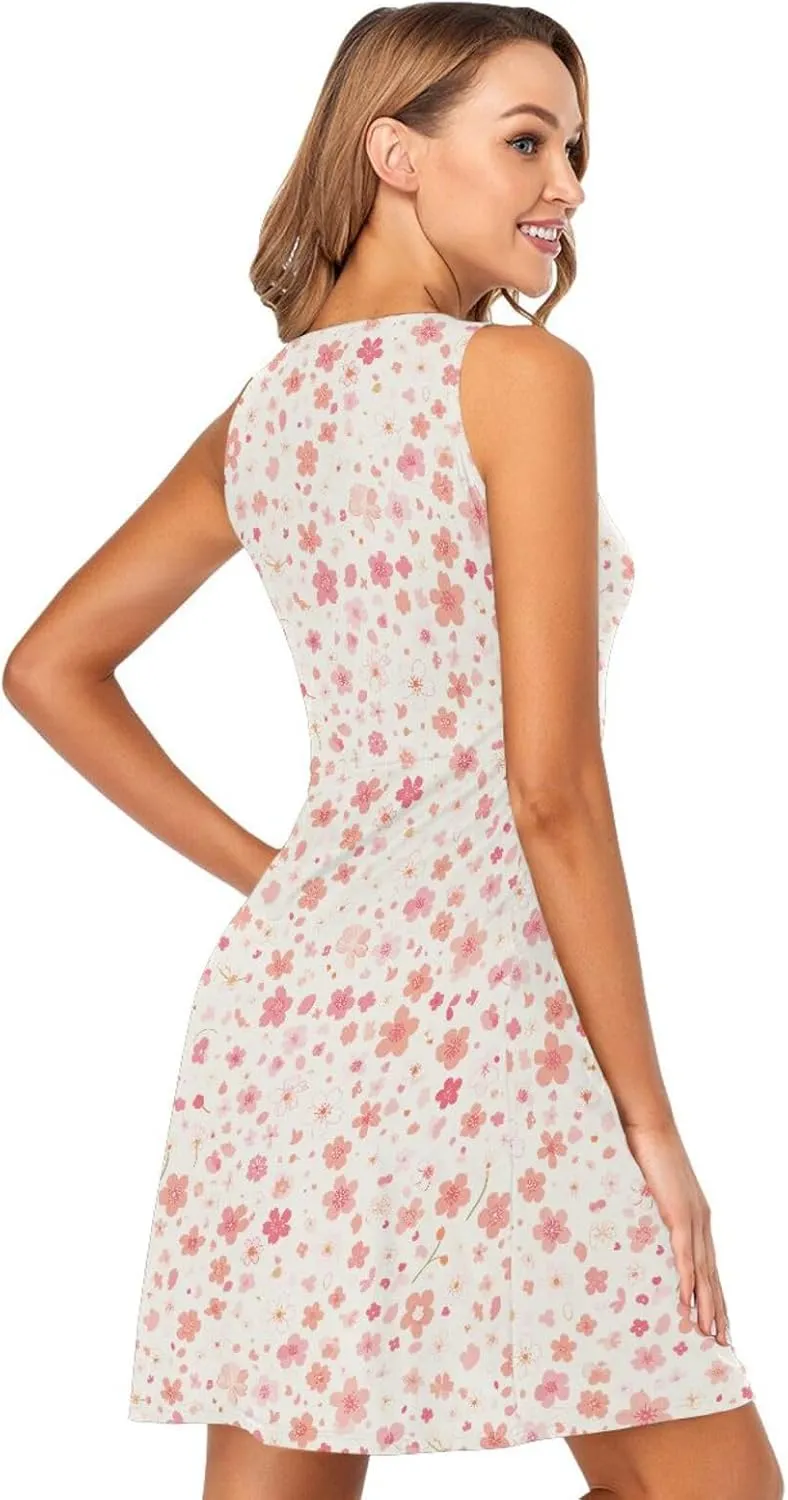 KLL Cherry Blossoms Womens Sun Dress Loose A-Line Beach Mini Sundress Casual