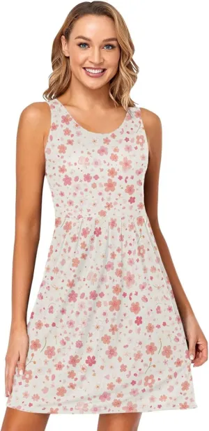 KLL Cherry Blossoms Womens Sun Dress Loose A-Line Beach Mini Sundress Casual