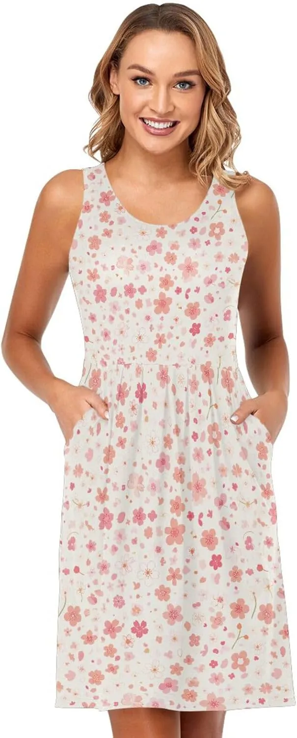 KLL Cherry Blossoms Womens Sun Dress Loose A-Line Beach Mini Sundress Casual