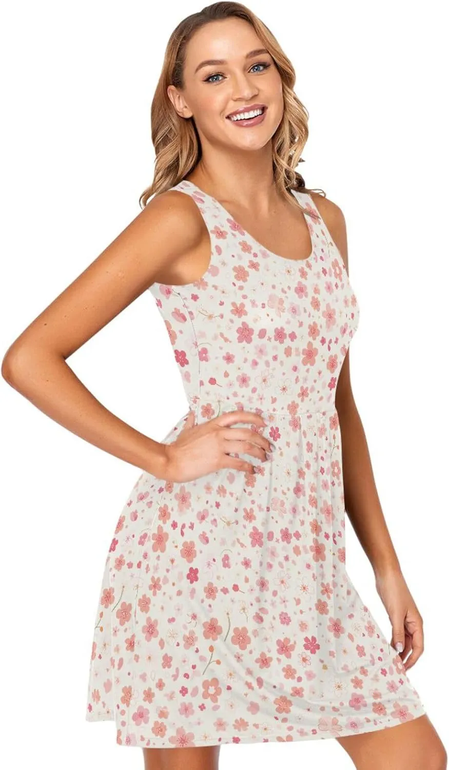 KLL Cherry Blossoms Womens Sun Dress Loose A-Line Beach Mini Sundress Casual