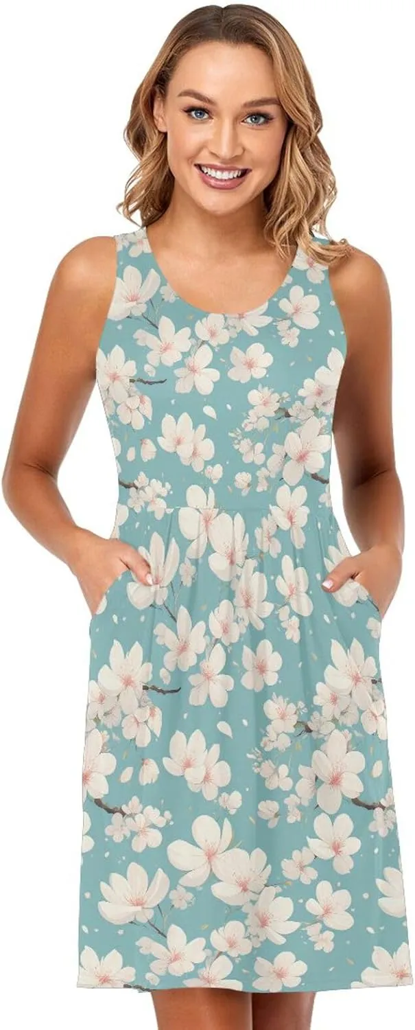 KLL Cherry Blossoms Womens T Shirt Dress Loose Sleeveless Holiday Tshirt Sundresses Casual