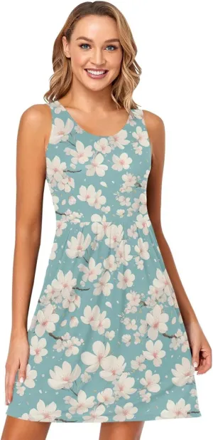 KLL Cherry Blossoms Womens T Shirt Dress Loose Sleeveless Holiday Tshirt Sundresses Casual