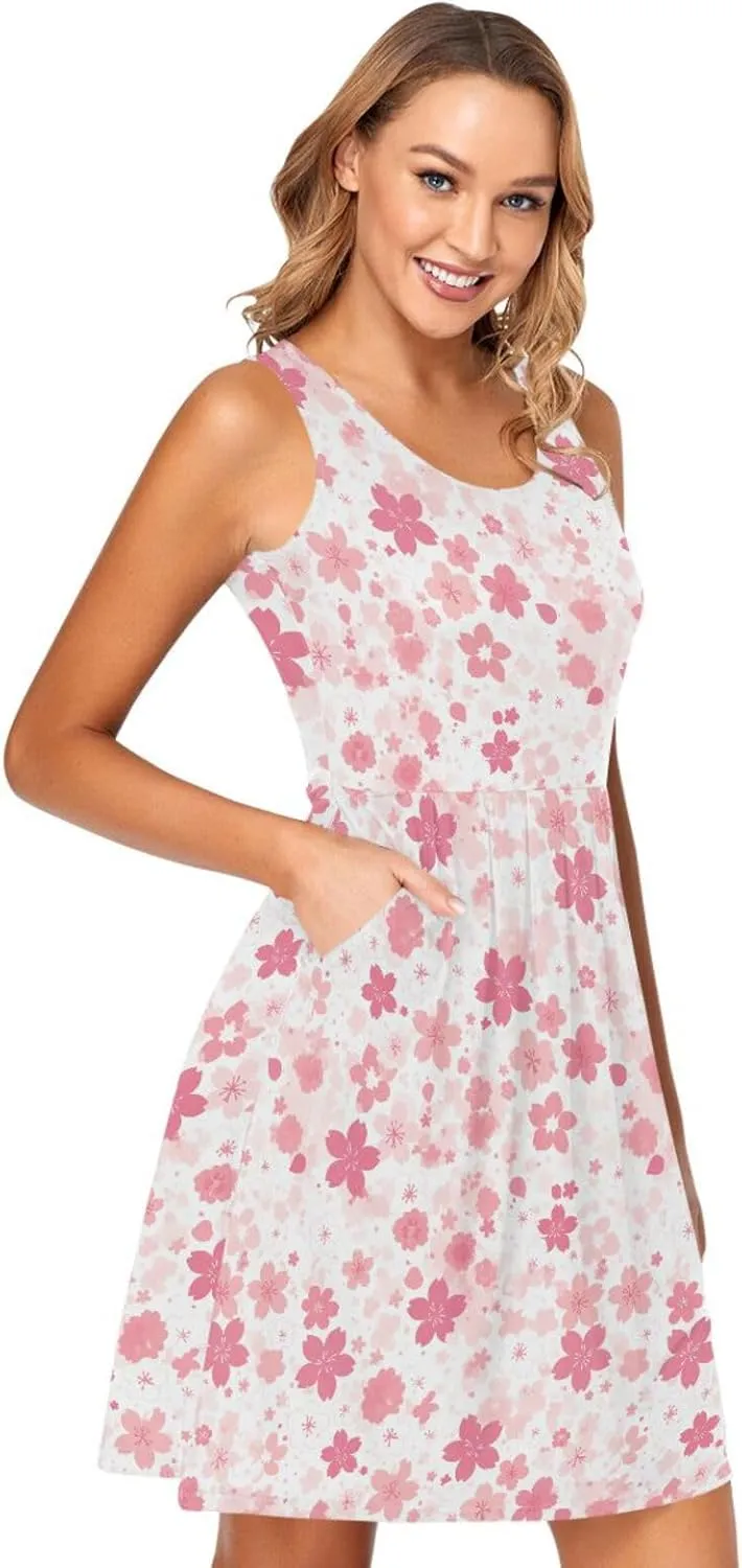 KLL Cherry Blossoms Womens Tank Midi Dress Swing Sleeveless Holiday Mini Sundress Summer