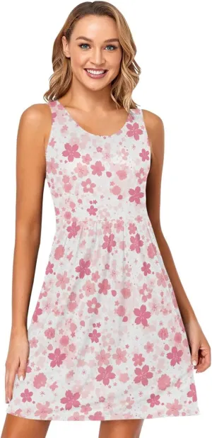 KLL Cherry Blossoms Womens Tank Midi Dress Swing Sleeveless Holiday Mini Sundress Summer
