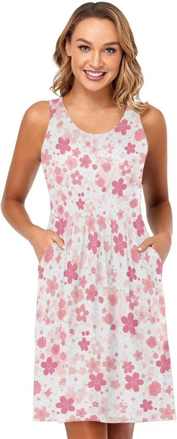 KLL Cherry Blossoms Womens Tank Midi Dress Swing Sleeveless Holiday Mini Sundress Summer