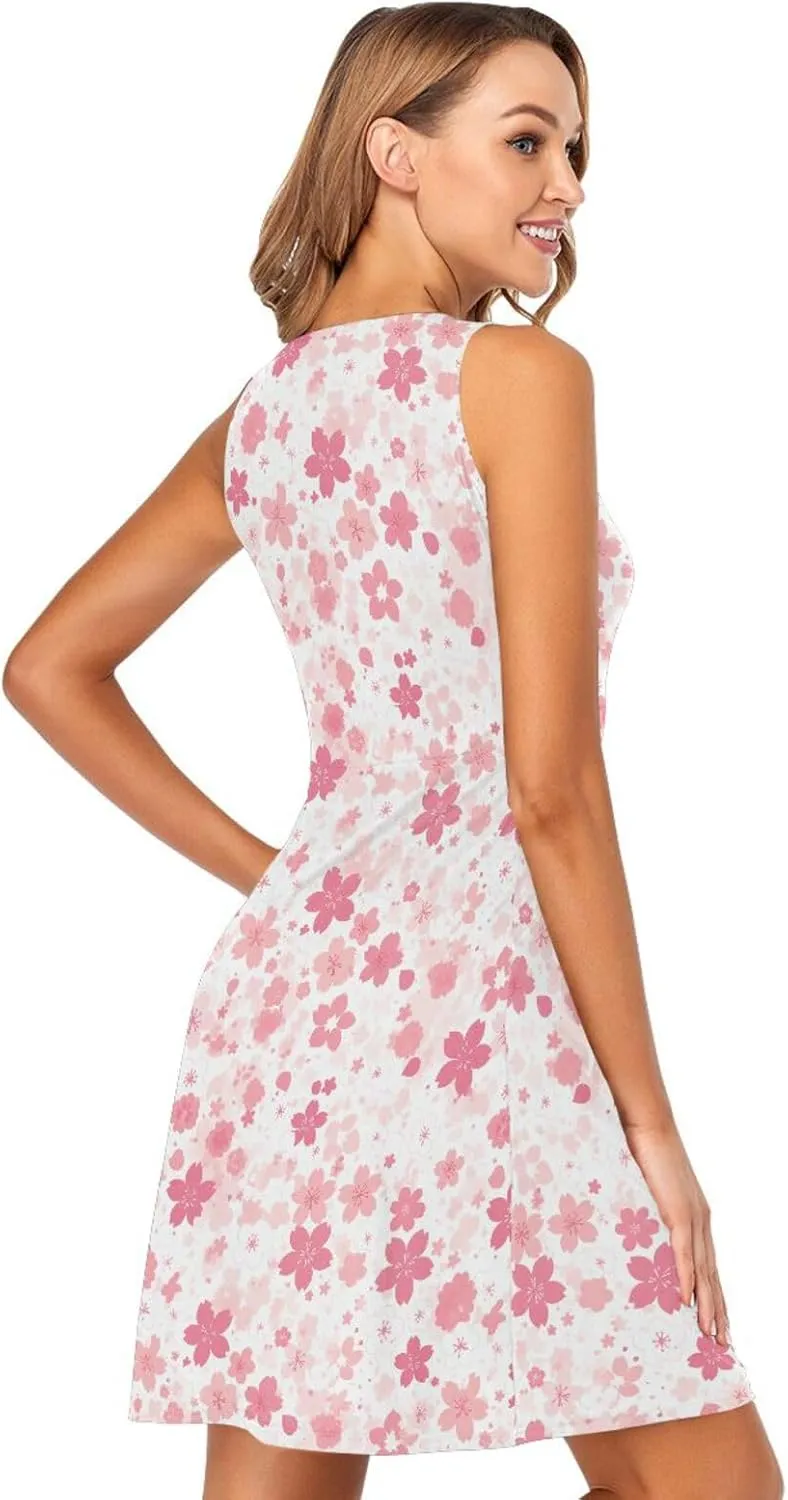 KLL Cherry Blossoms Womens Tank Midi Dress Swing Sleeveless Holiday Mini Sundress Summer