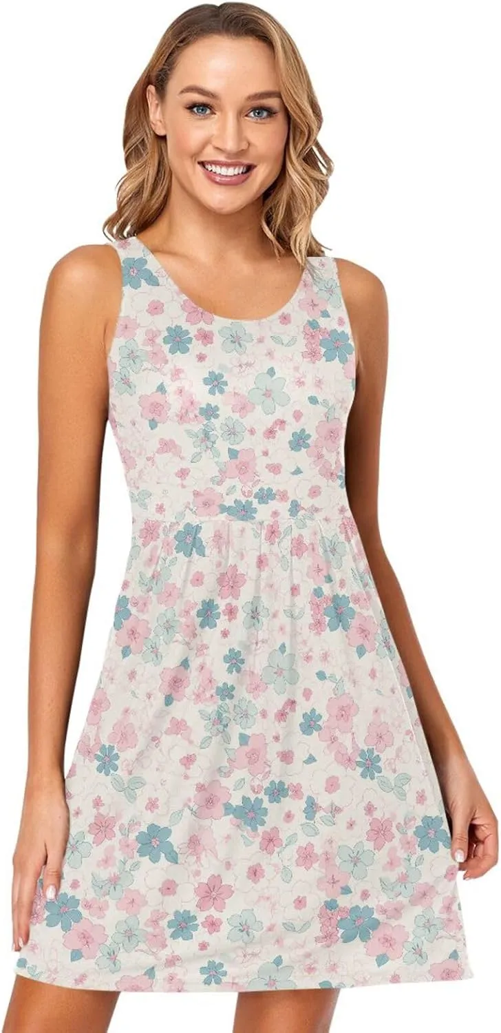 KLL Cherry Blossoms Women's Tank Sun Dress Swing Sleeveless Beach Tshirt Sundresses Summer