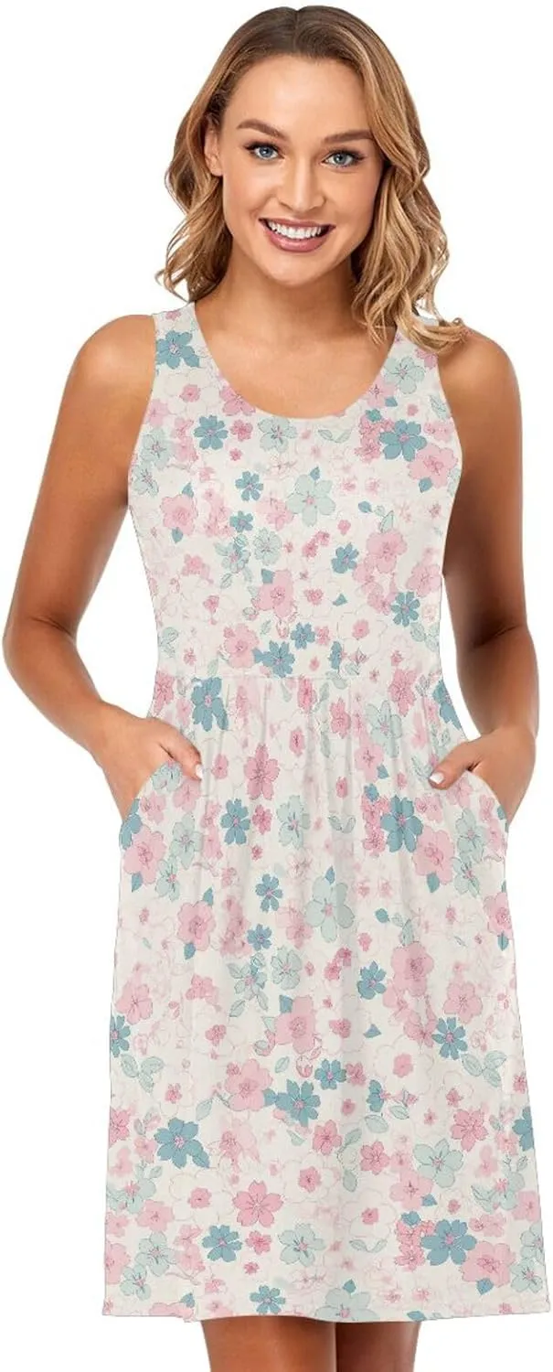 KLL Cherry Blossoms Women's Tank Sun Dress Swing Sleeveless Beach Tshirt Sundresses Summer