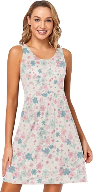 KLL Cherry Blossoms Women's Tank Sun Dress Swing Sleeveless Beach Tshirt Sundresses Summer