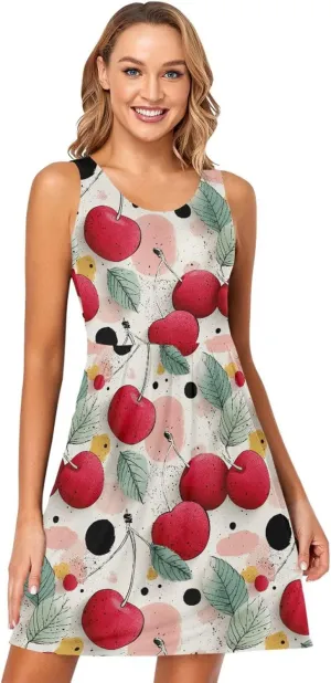 KLL Cherry Illustration Women's Tank Midi Dress Fashion A-Line Party Flowy Sundress Crewneck