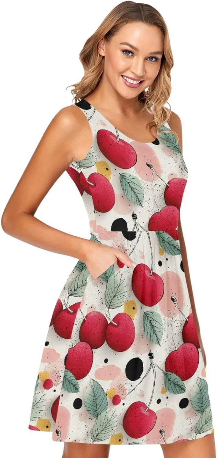 KLL Cherry Illustration Women's Tank Midi Dress Fashion A-Line Party Flowy Sundress Crewneck