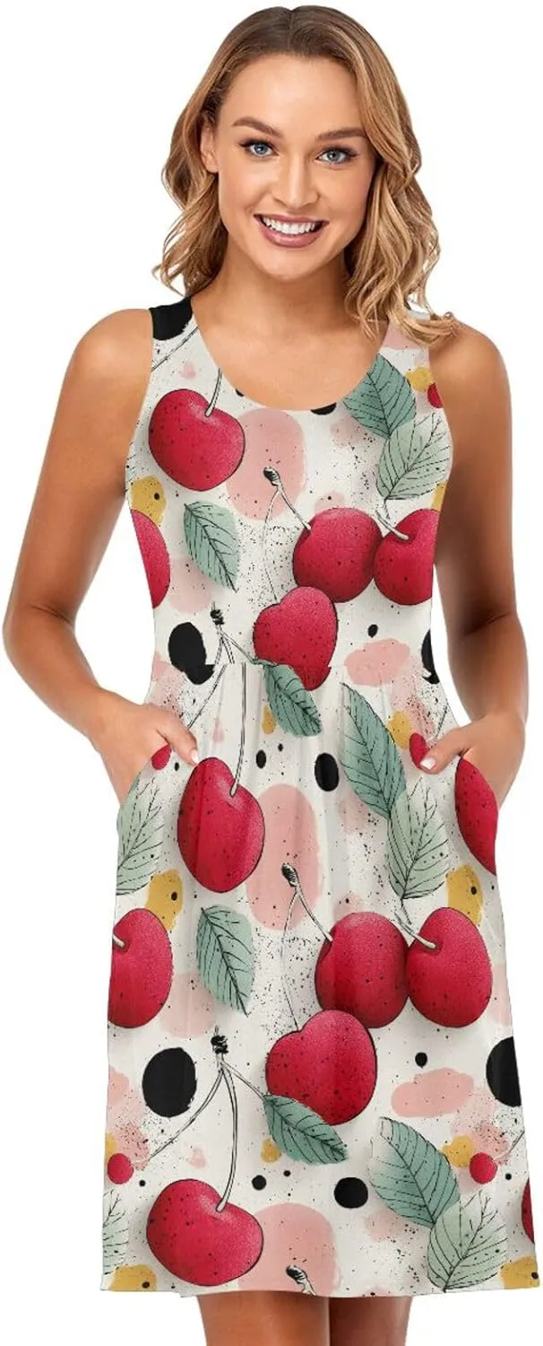 KLL Cherry Illustration Women's Tank Midi Dress Fashion A-Line Party Flowy Sundress Crewneck