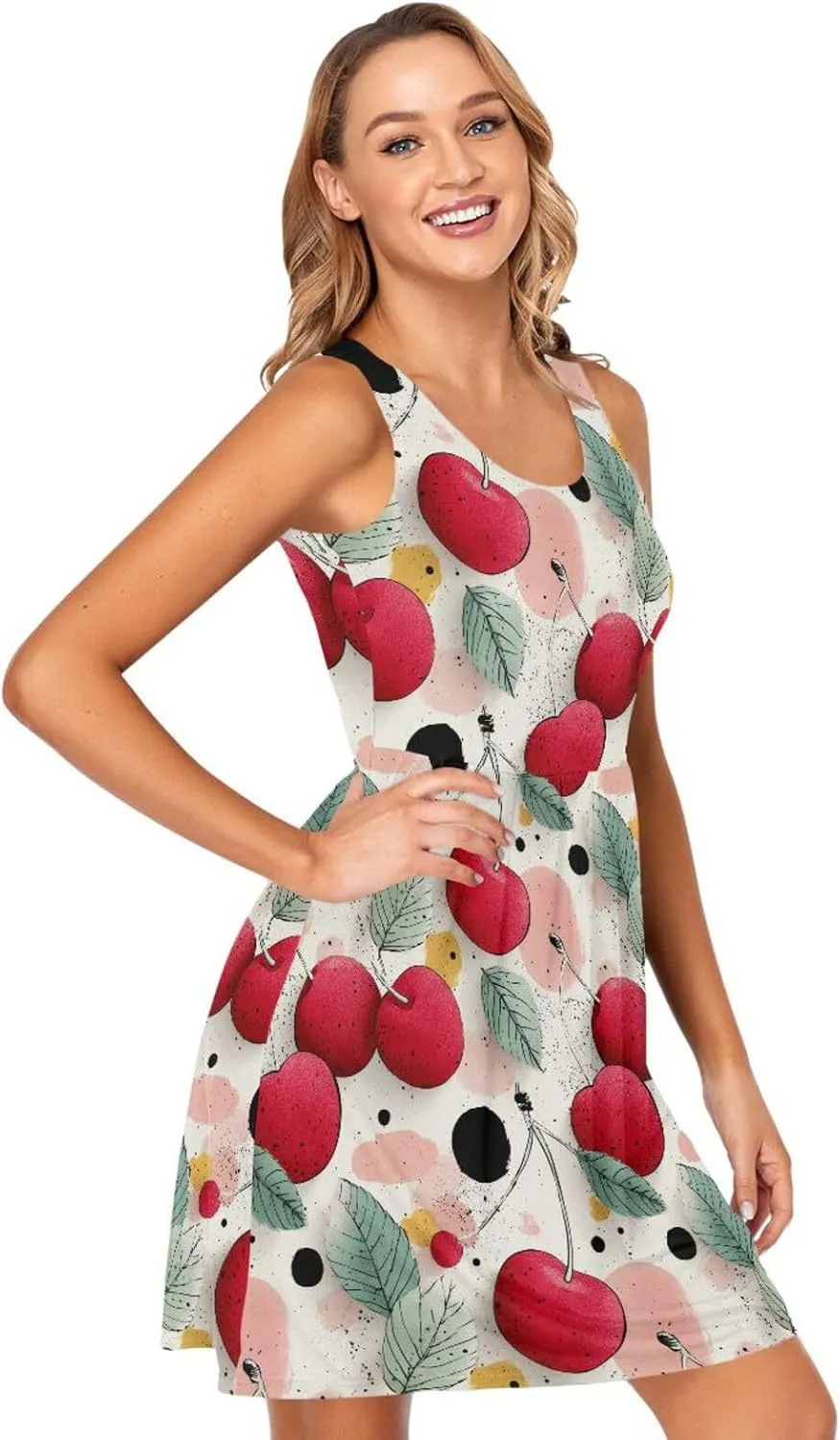 KLL Cherry Illustration Women's Tank Midi Dress Fashion A-Line Party Flowy Sundress Crewneck