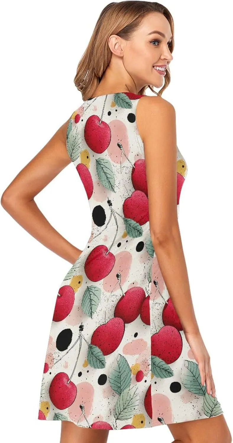 KLL Cherry Illustration Women's Tank Midi Dress Fashion A-Line Party Flowy Sundress Crewneck