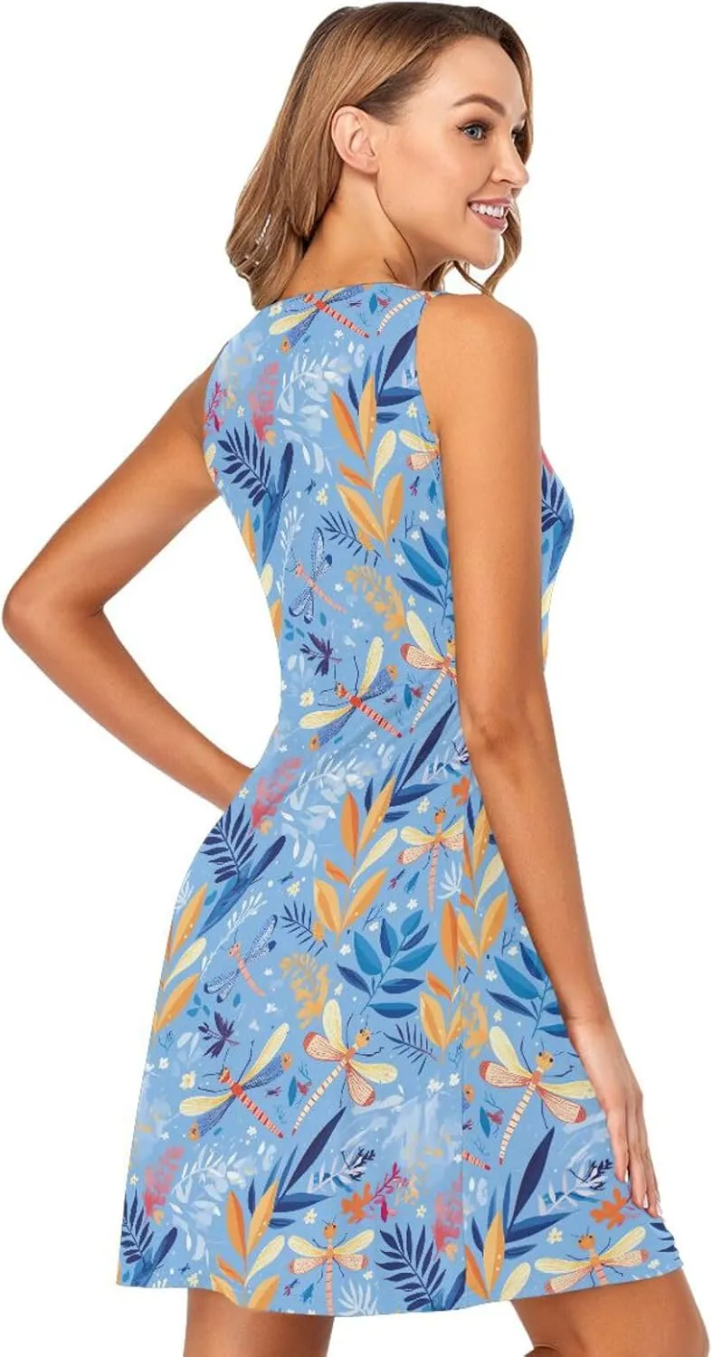 KLL Dragonfly Pattern Illustration Womens Tank Dresses Fashion Sleeveless Party Flowy Sundress Summer