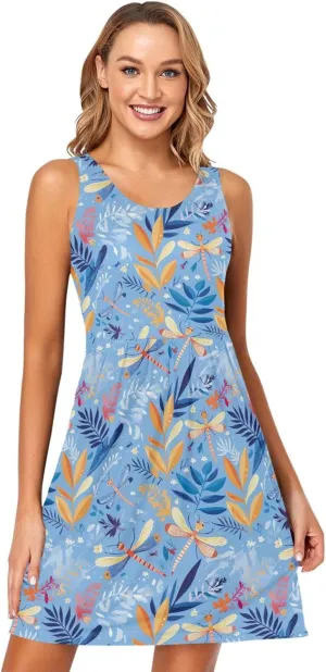 KLL Dragonfly Pattern Illustration Womens Tank Dresses Fashion Sleeveless Party Flowy Sundress Summer